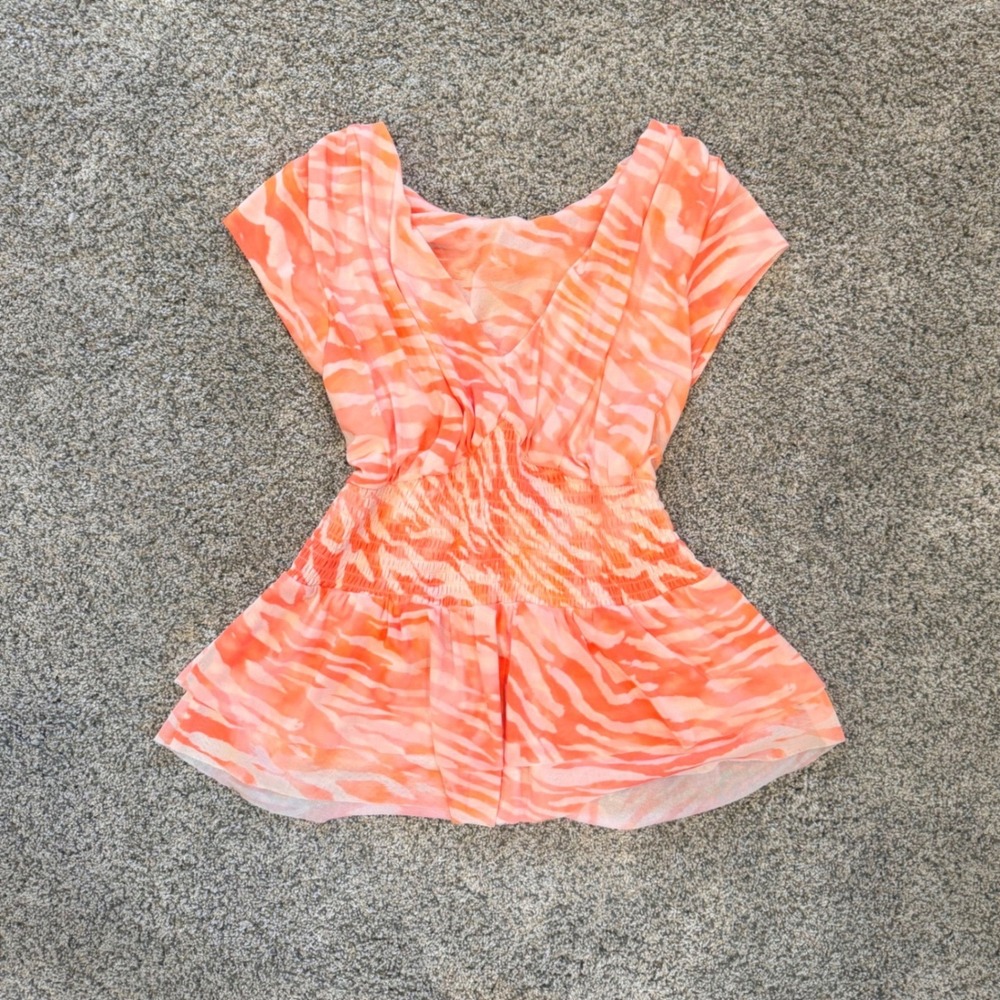 DR2 Women Orange Zebra Print Mesh Smocked Peplum Top V-Neck Size S Summer Vibe